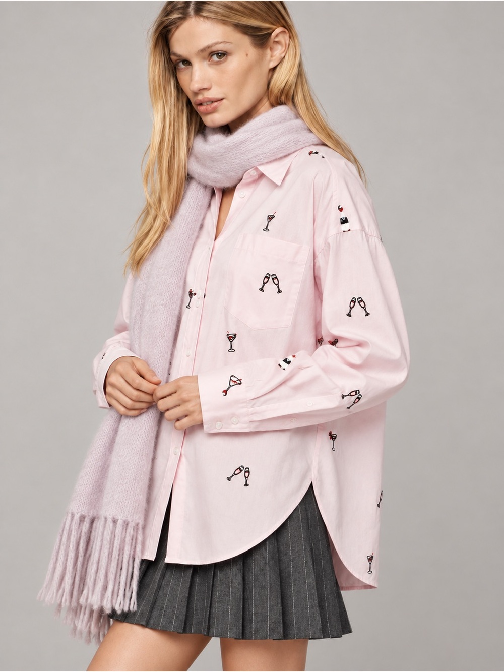 New with Tag! Maeve Pink Embroidered Champagne Bottles Glasses Button-Up Shirt